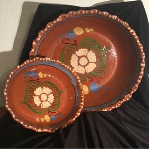 Set of 2 Decorative Vintage Tlaquepaque Mexico Bowls Red Clay Pottery Folk Art